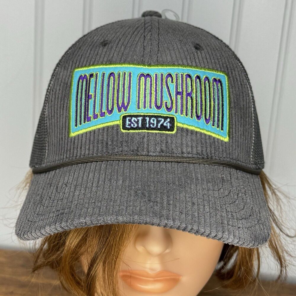 Mellow Mushroom Corduroy Trucker Hat Cap Snapback Gray Teal Unisex NWOT